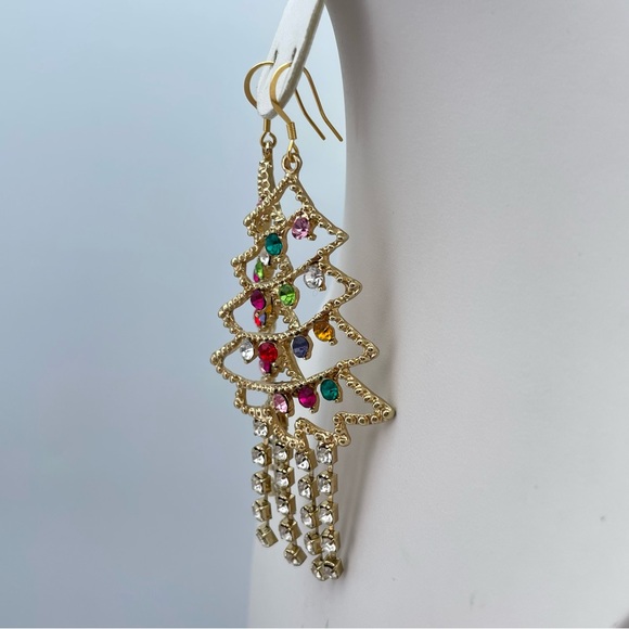 Gold Christmas Tree Chandelier Earrings – Multicolor Rhinestones, Statement - Picture 8 of 8